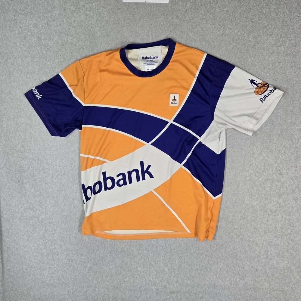 Rabobank Men Shirt LARGE Orange Geometric Coolmax Activewear Short Sleeve READ